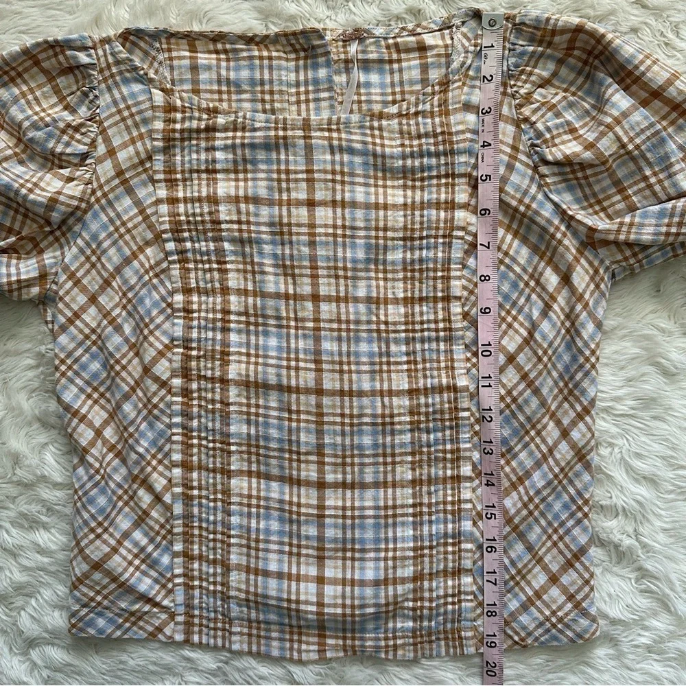 Free People Top Button Back Puff Sleeve Plaid Tan Blue S